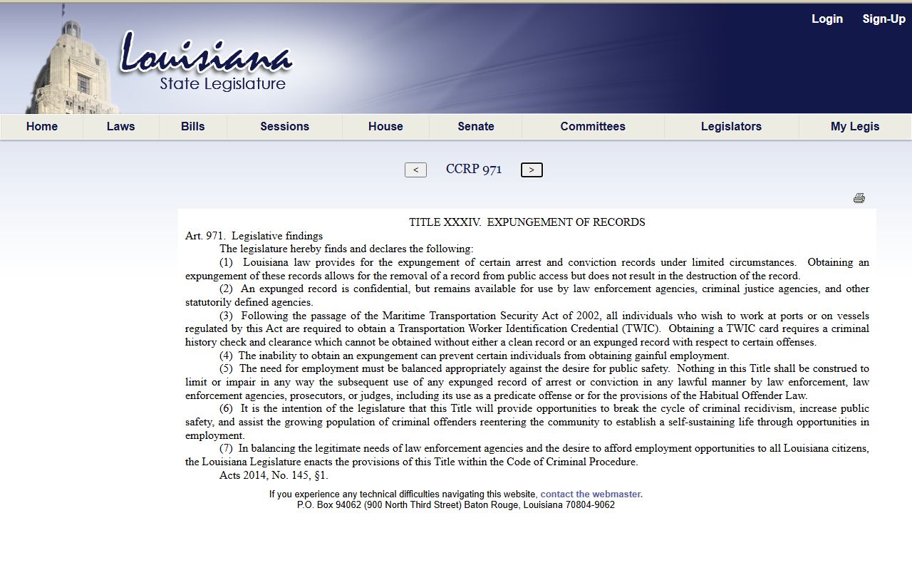 Tensas Parish criminal court records Louisiana expungement statute