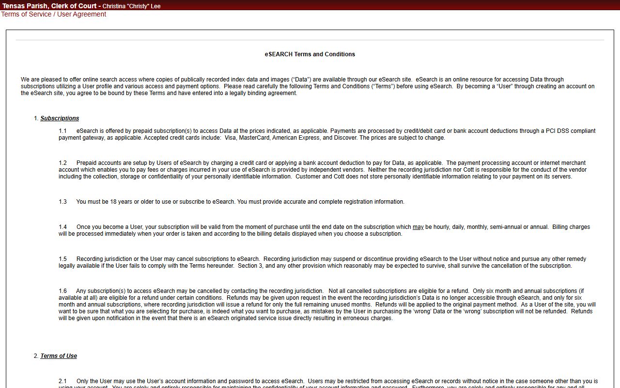 Tensas Parish probate records COTT eSearch registration page