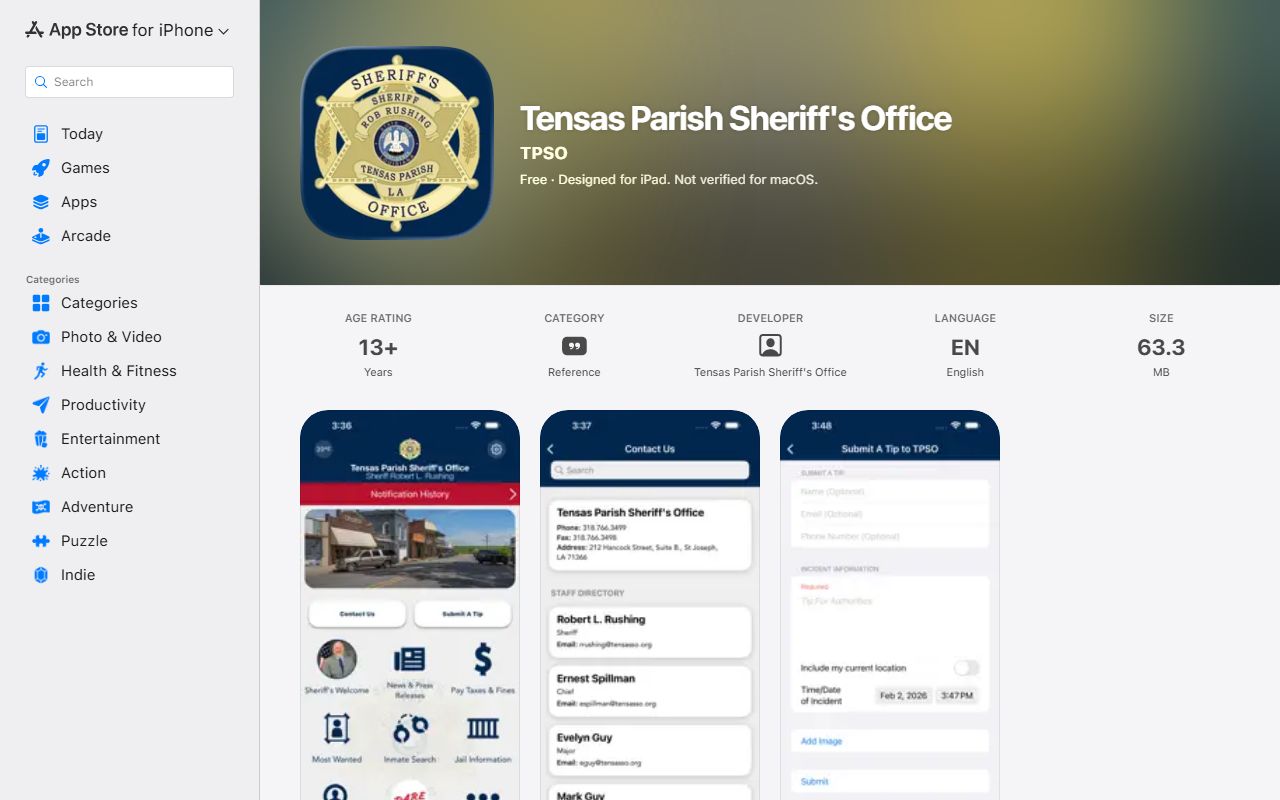 Tensas Parish warrant records sheriff iOS app listing